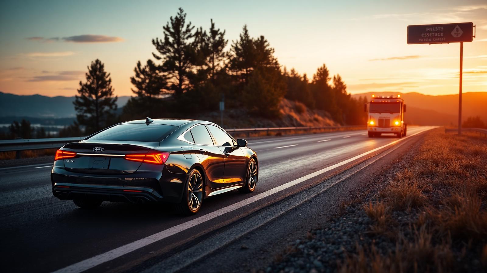 Modern car pulled onto the shoulder of a scenic highway with a roadside assistance tow truck approaching at golden hour