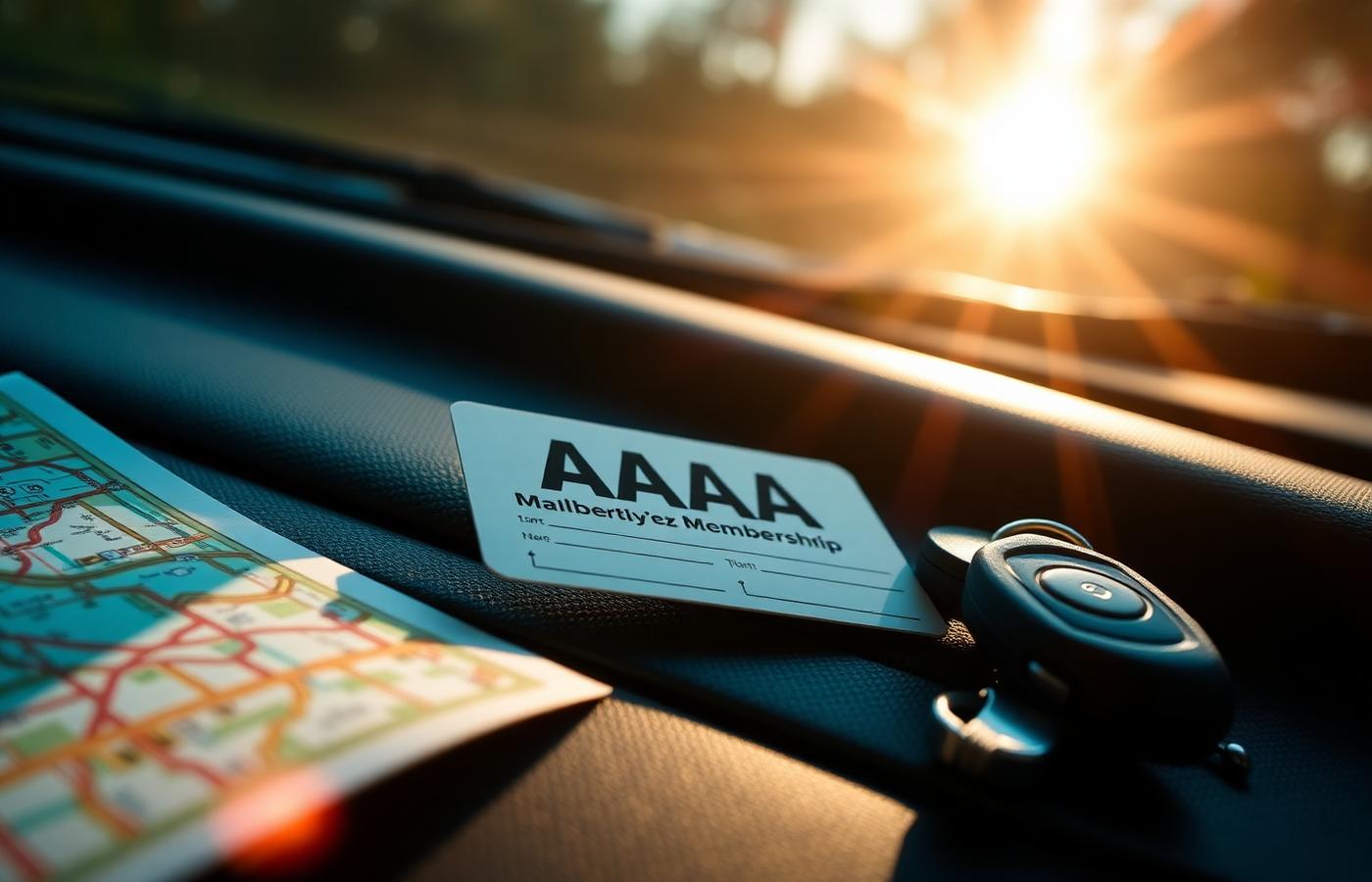 AAA membership card resting on a car dashboard beside keys and a paper road map in warm sunlight