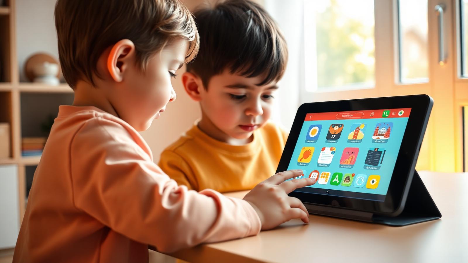 Young child using a colorful learning app on a tablet at a bright home desk beside a window