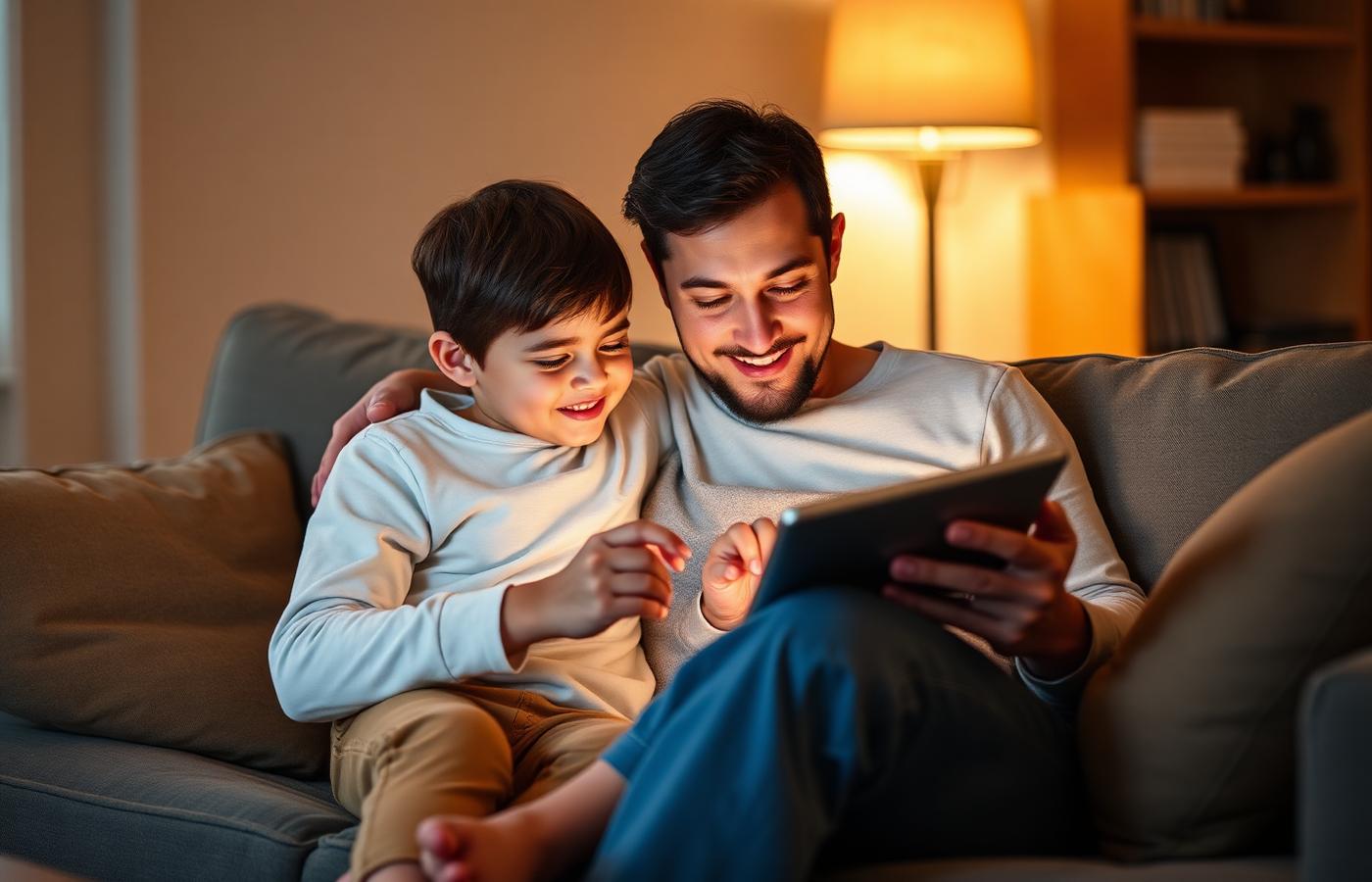 Parent and young child sitting together on a couch reading from a tablet in warm evening light