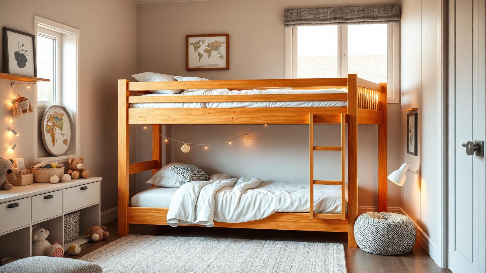 Stylish modern kids bedroom with a solid pine twin-over-twin bunk bed dressed with fresh linens and string lights