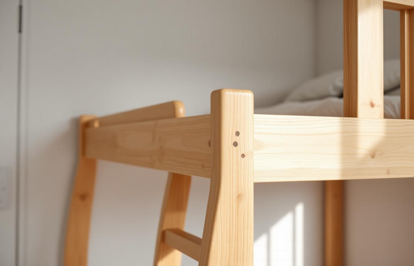 Detail of a solid pine bunk bed guardrail and ladder joinery in a minimally styled bedroom