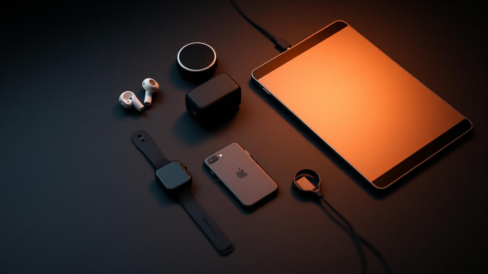 Flat lay of consumer tech gadgets — earbuds, smartwatch, tablet, speaker and cable — on a dark slate surface under moody lighting