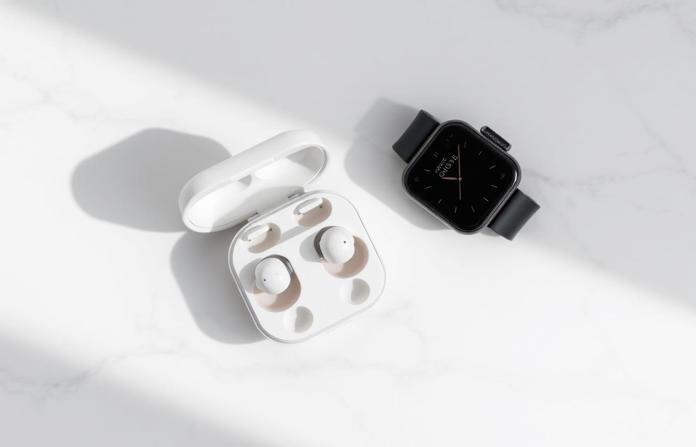 Refurbished wireless earbuds in an open charging case next to a smartwatch on a white marble surface