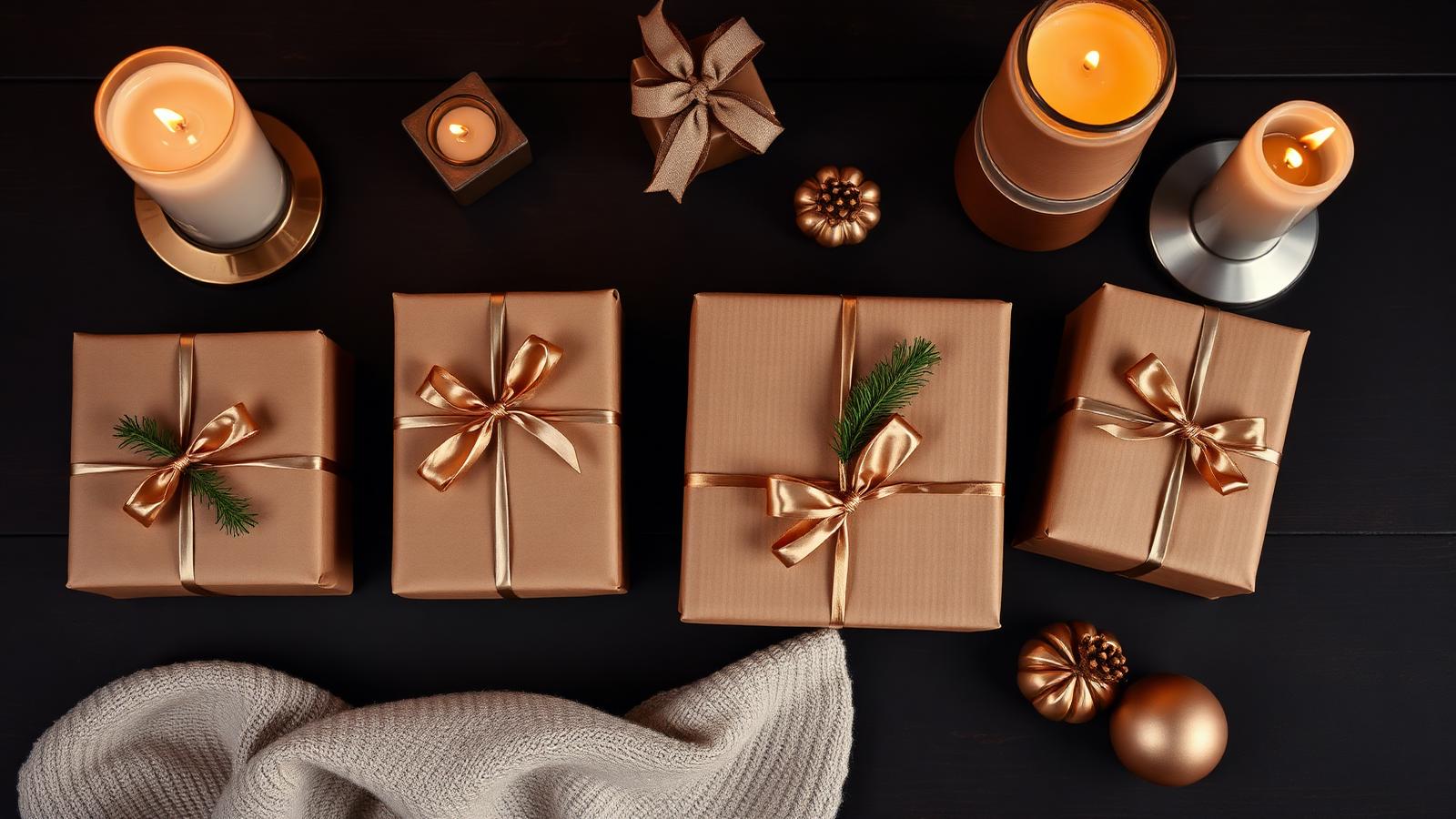 Overhead arrangement of gifts wrapped in kraft paper with gold ribbons and pine sprigs on a dark wooden table with candles