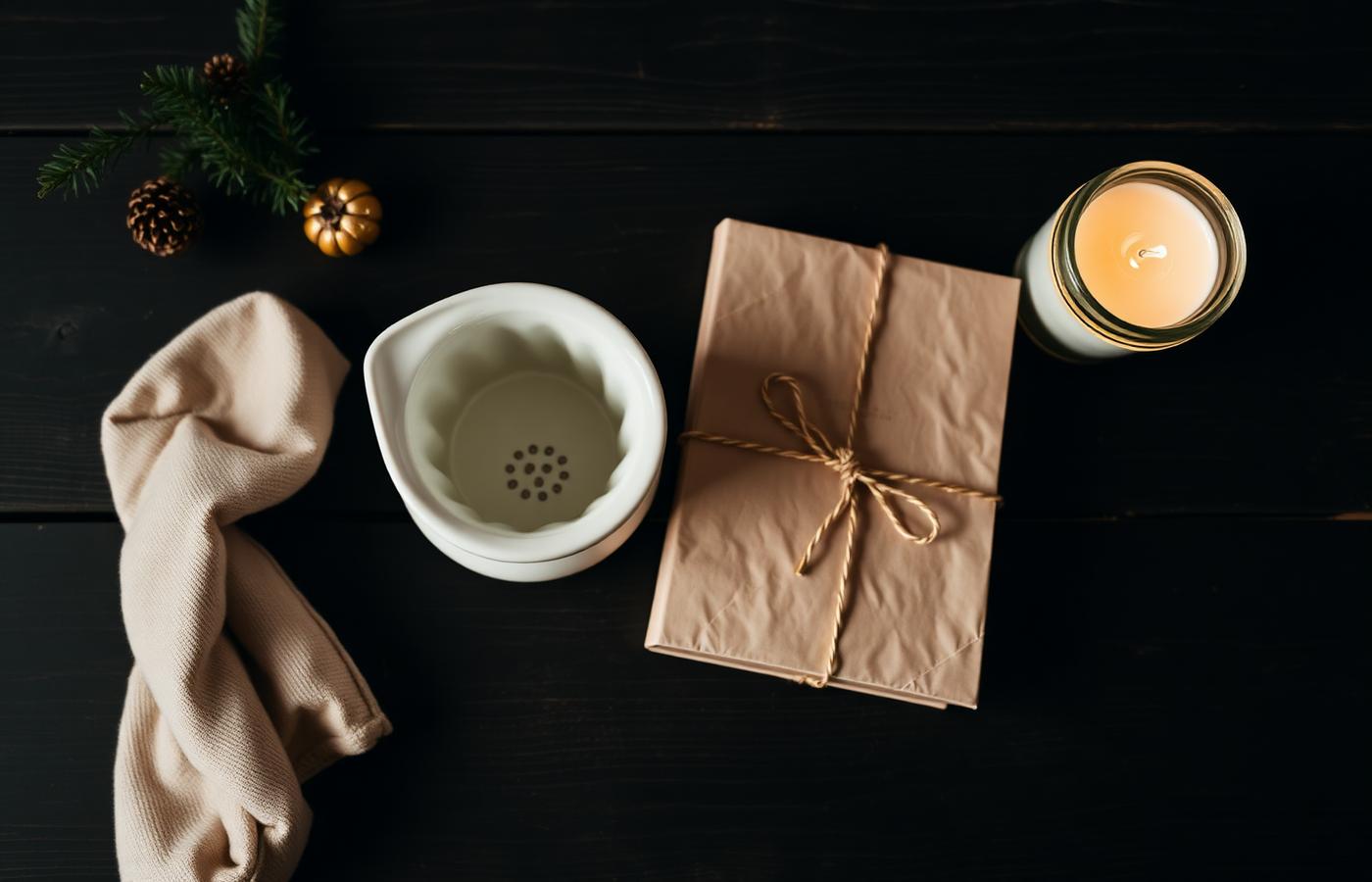 Thoughtful under-fifty-dollar gifts — a ceramic pour-over dripper, wrapped book and candle — on dark wood