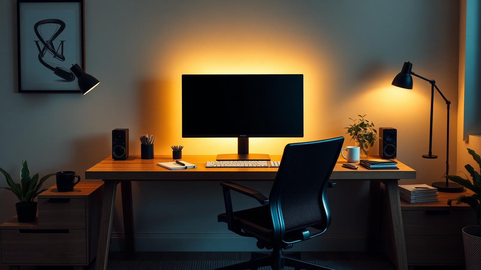 Tidy modern home office with a wooden desk, single monitor, ergonomic chair and warm bias lighting behind the screen