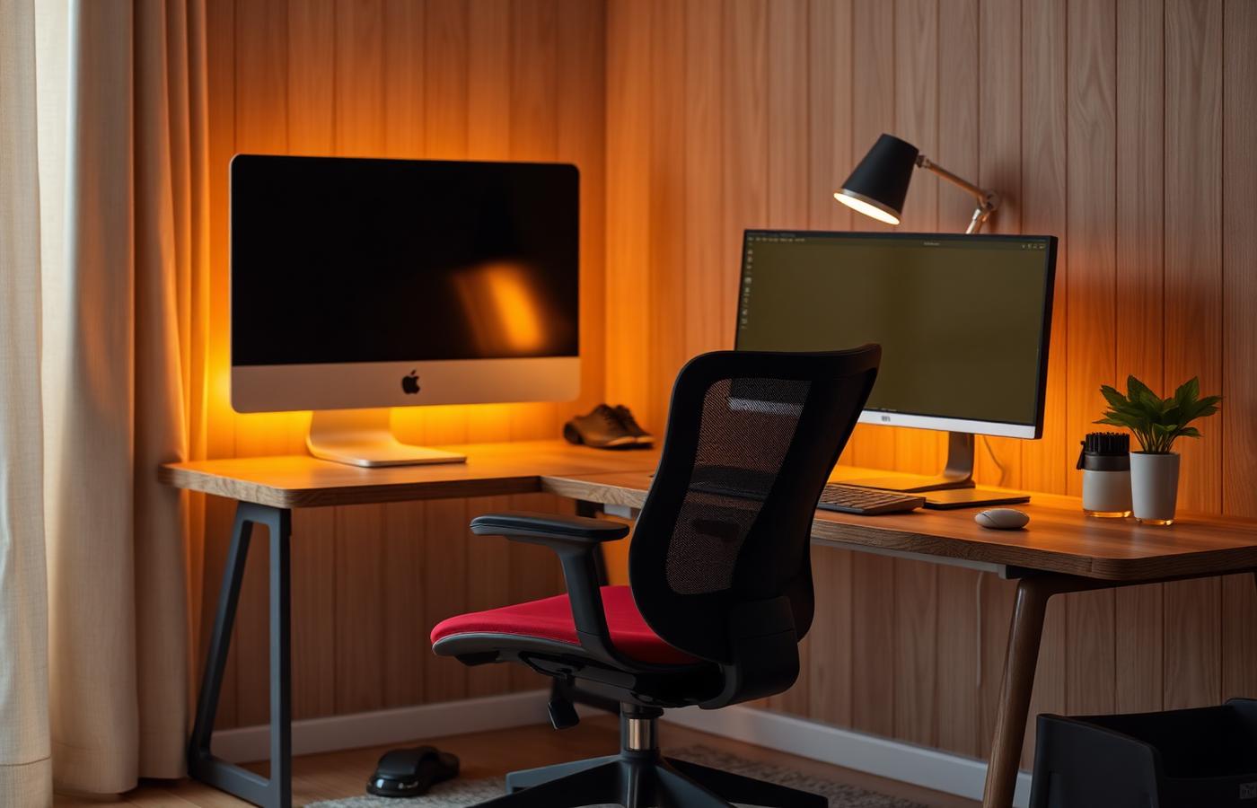 Ergonomic mesh office chair beside a wooden desk with a monitor and warm ambient light