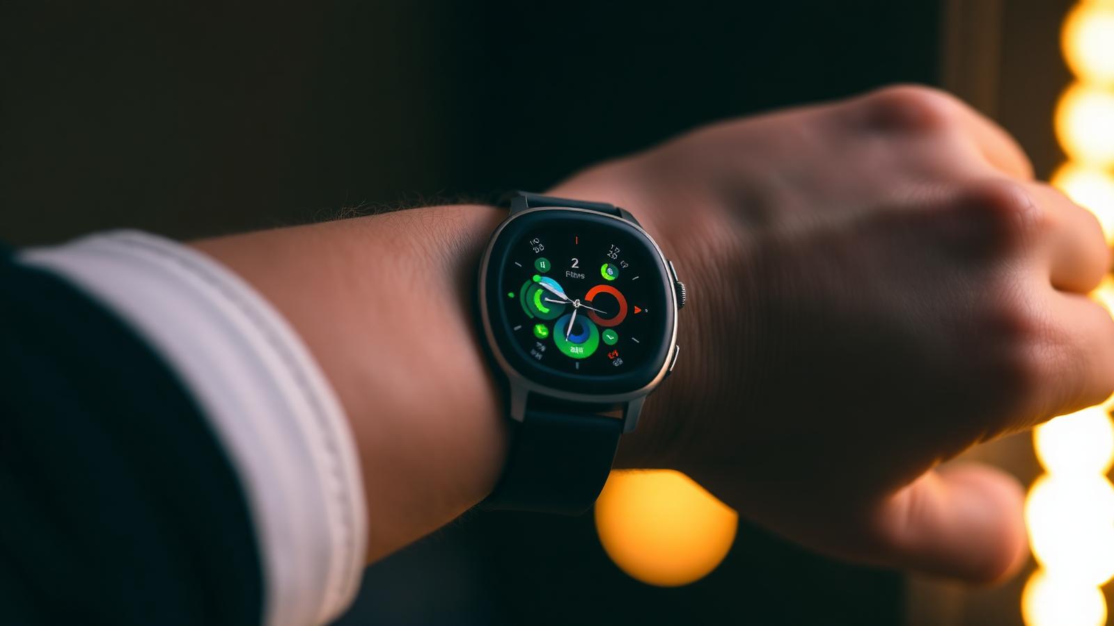 Close-up of a modern smartwatch on a person's wrist showing a bright fitness interface, dark background with warm rim lighting