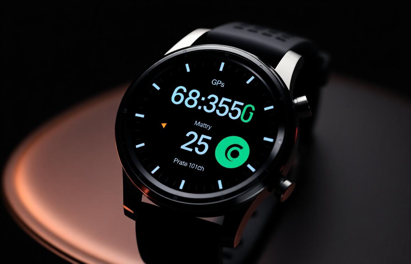 Macro product shot of a smartwatch face displaying GPS running metrics on a black background