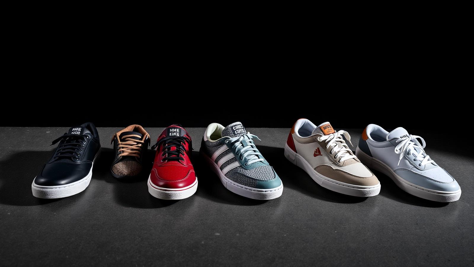 Editorial lineup of five modern everyday sneakers in different styles and colors on a dark concrete surface