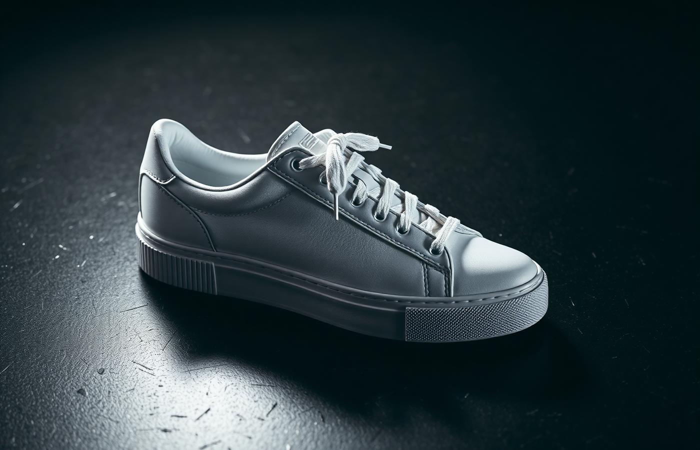 Clean white leather sneaker photographed on a dark textured surface with dramatic single-source lighting